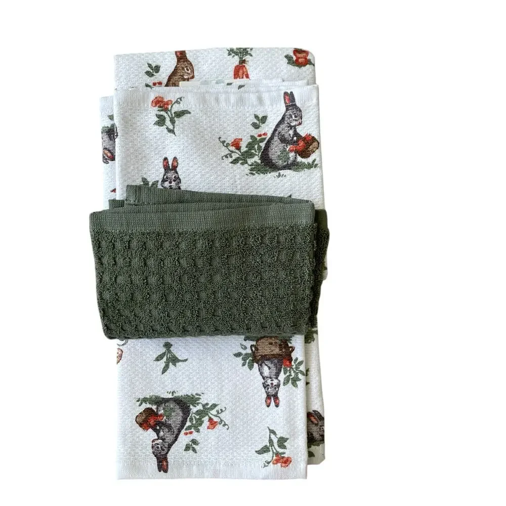 Shabby Chic Cotton Kitchen Towels Spring Floral Easter Bunny Rabbit Set of 3 NEW